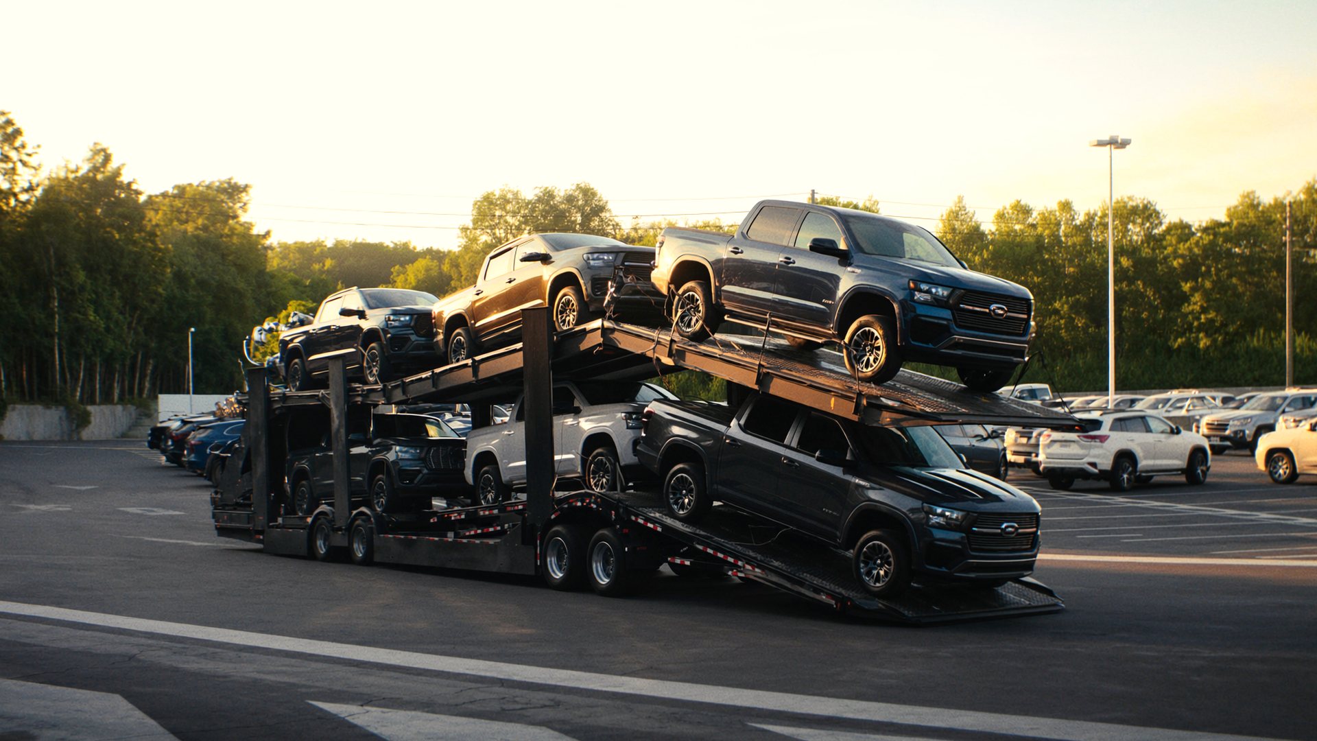 A loaded two-deck car hauler on a dealership lot, six new pickups and SUVs strapped down, ramp lowered at the back.