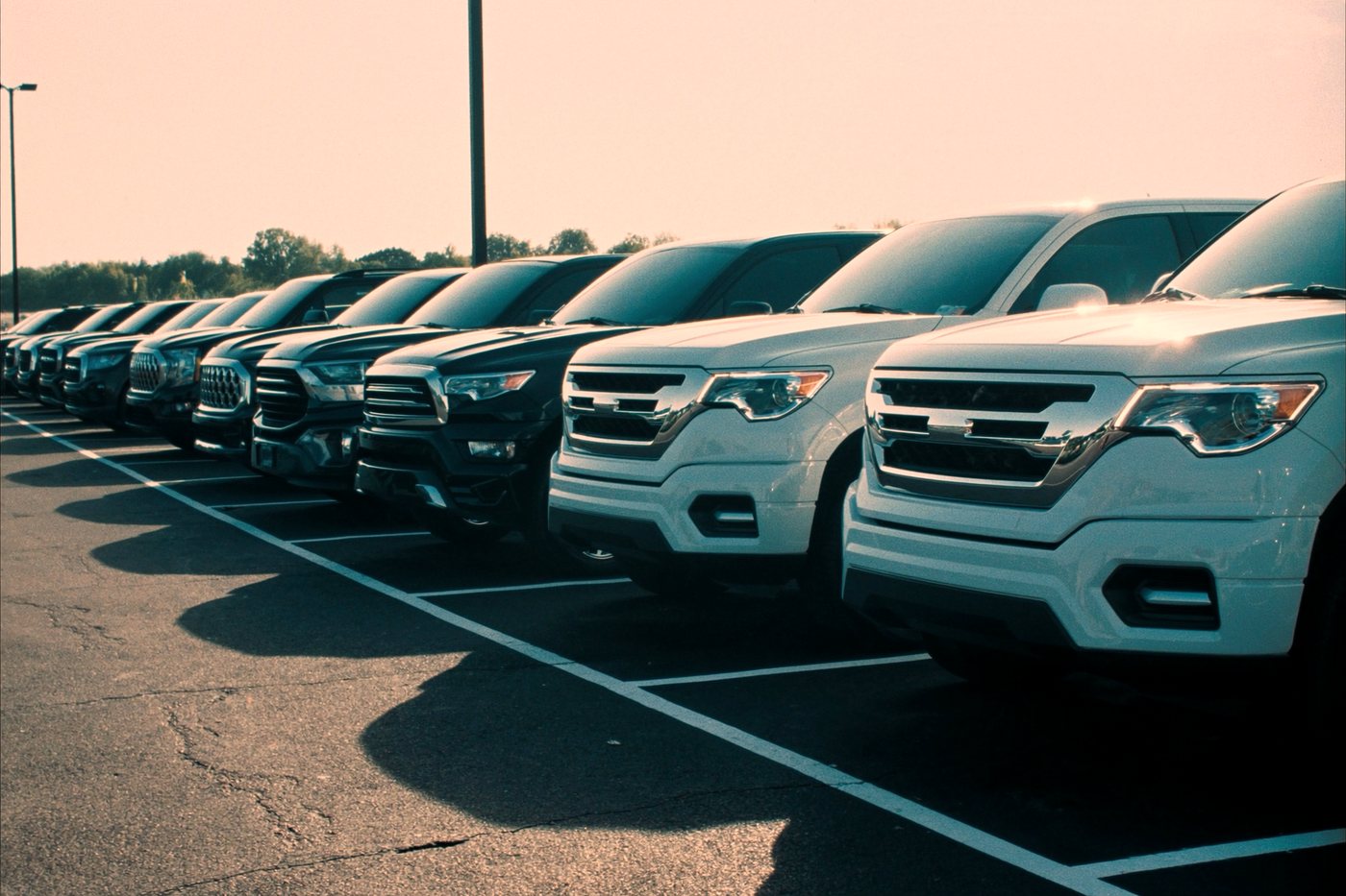 New pickup trucks and SUVs parked nose out in a row on a dealership front line, in clear morning light.